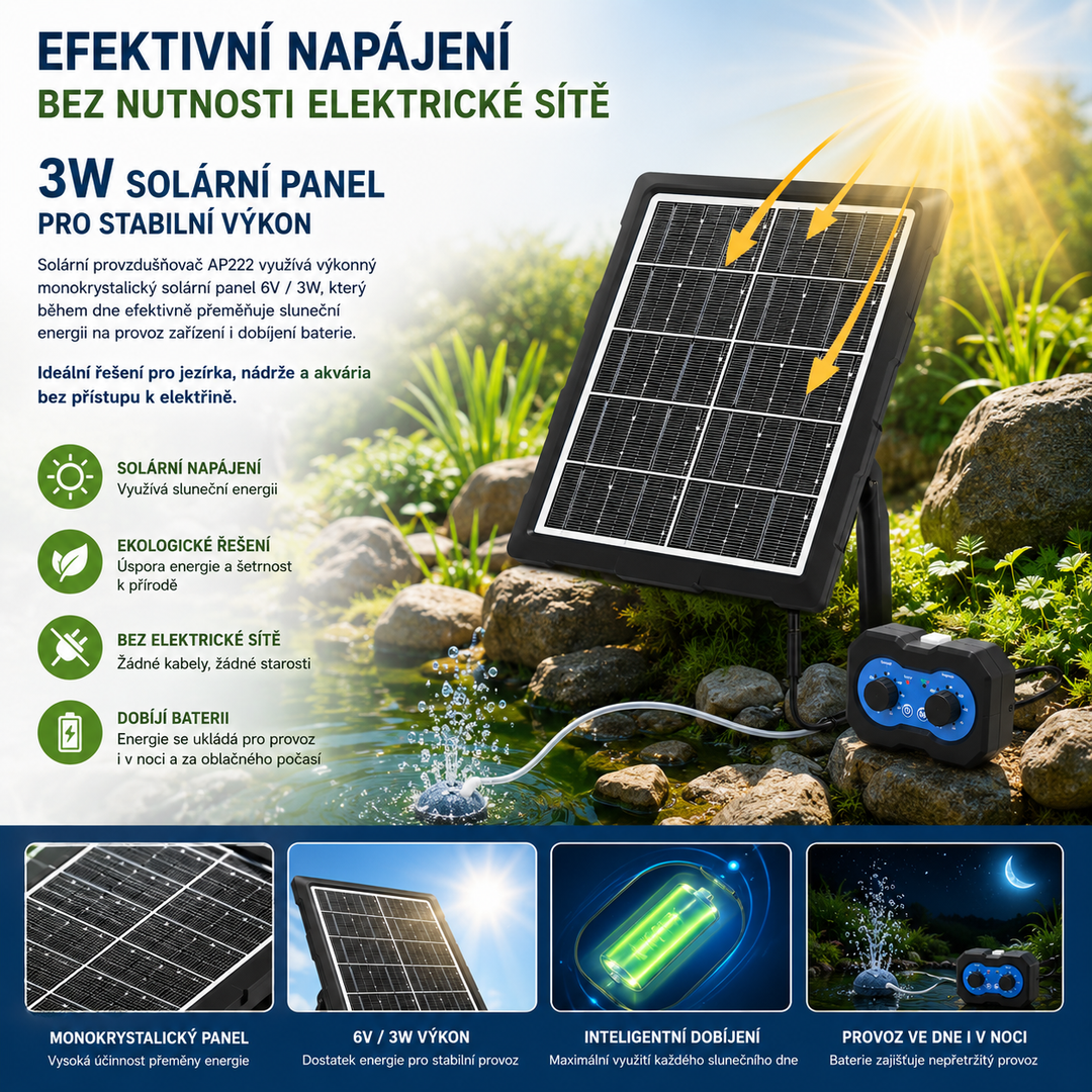 Solární provzdušňovač jezírka AP222 – 2200 mAh baterie, 2 režimy výkonu, 72 časových režimů, 3W panel