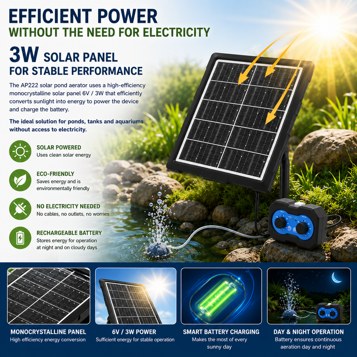 Solární provzdušňovač jezírka AP222 – 2200 mAh baterie, 2 režimy výkonu, 72 časových režimů, 3W panel