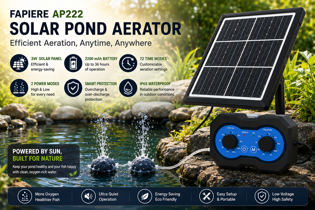Solární provzdušňovač jezírka AP222 – 2200 mAh baterie, 2 režimy výkonu, 72 časových režimů, 3W panel