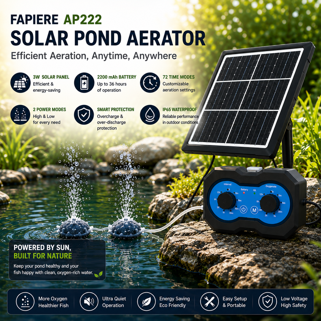 Solární provzdušňovač jezírka AP222 – 2200 mAh baterie, 2 režimy výkonu, 72 časových režimů, 3W panel