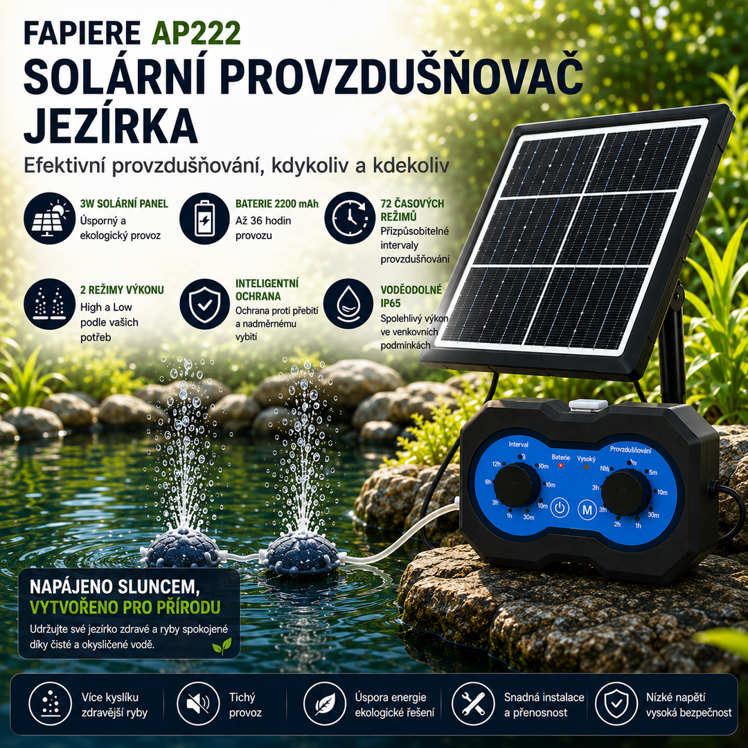 Solární provzdušňovač jezírka AP222 – 2200 mAh baterie, 2 režimy výkonu, 72 časových režimů, 3W panel