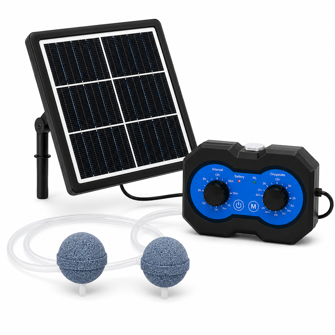 Solární provzdušňovač jezírka AP222 – 2200 mAh baterie, 2 režimy výkonu, 72 časových režimů, 3W panel