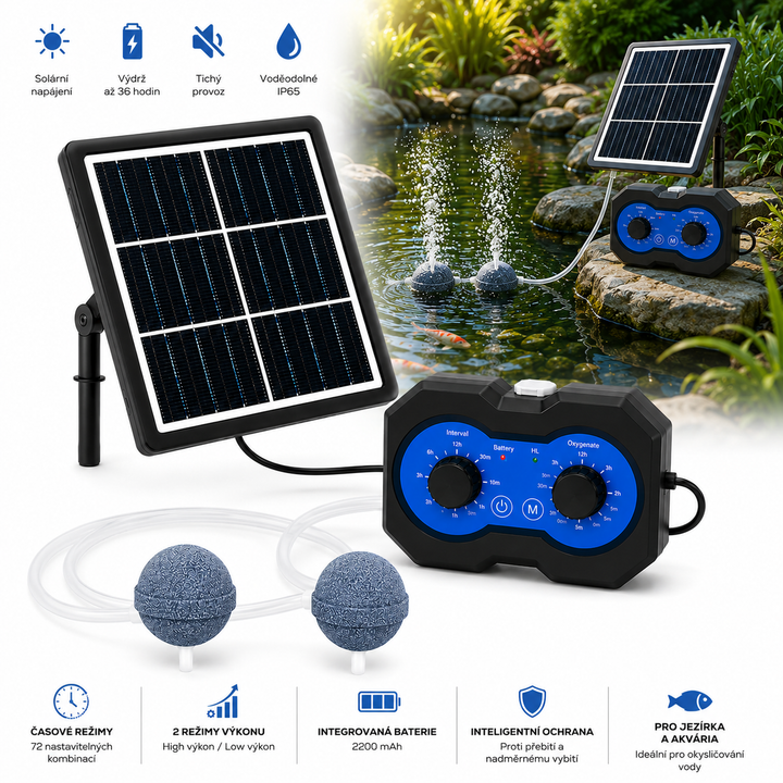 Solární provzdušňovač jezírka AP222 – 2200 mAh baterie, 2 režimy výkonu, 72 časových režimů, 3W panel