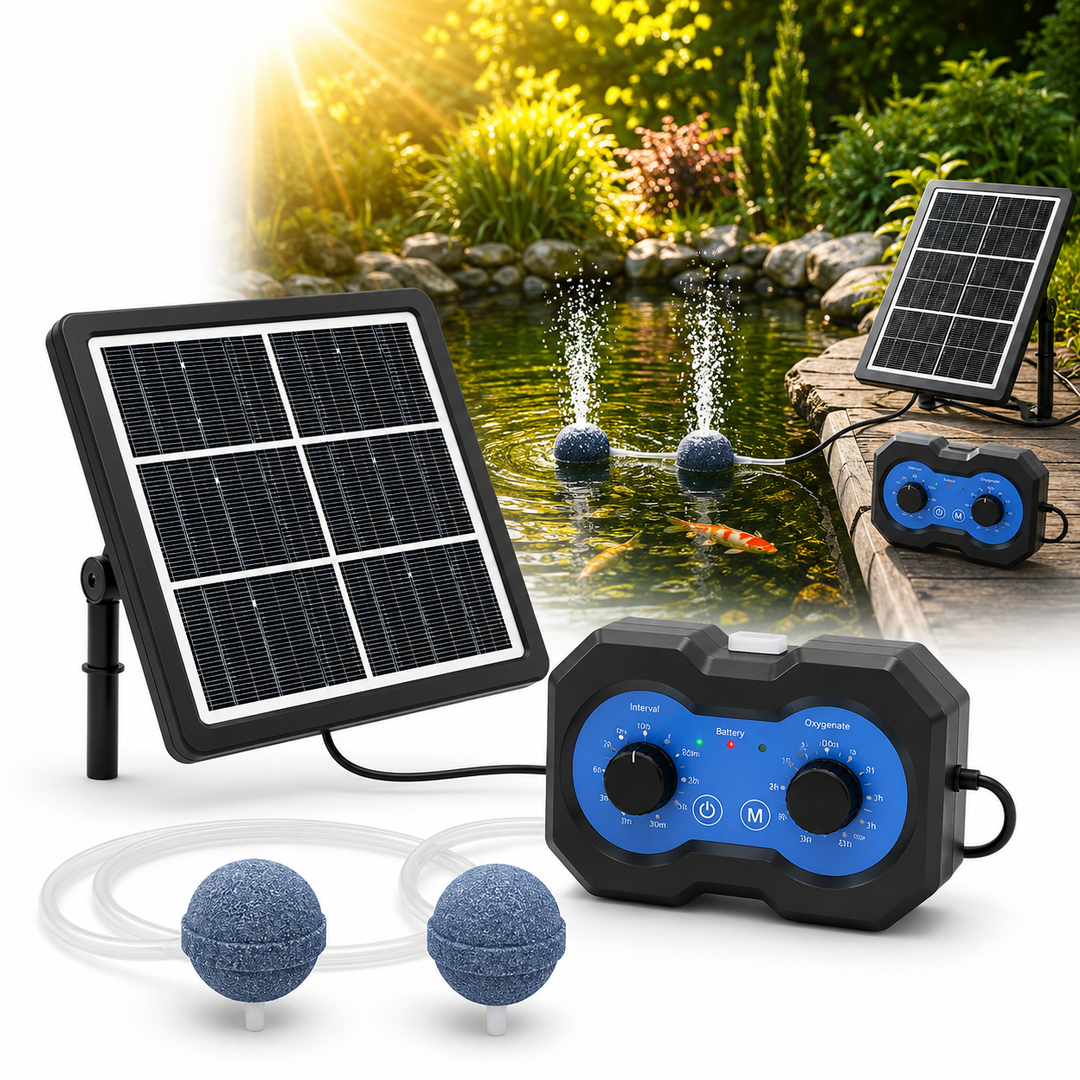 Solární provzdušňovač jezírka AP222 – 2200 mAh baterie, 2 režimy výkonu, 72 časových režimů, 3W panel