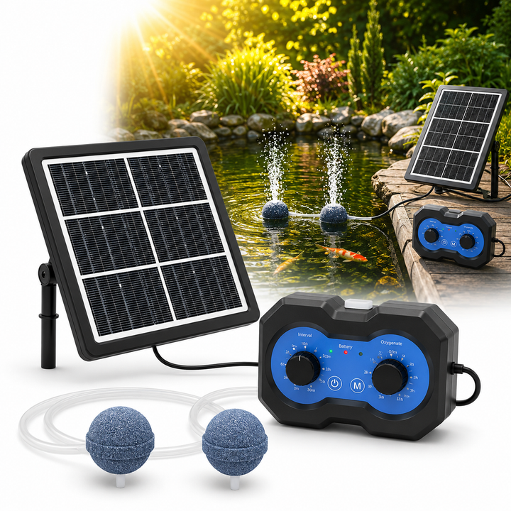 Solární provzdušňovač jezírka AP222 – 2200 mAh baterie, 2 režimy výkonu, 72 časových režimů, 3W panel