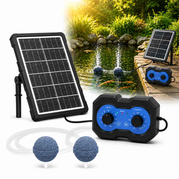 Solární provzdušňovač jezírka AP222 – 2200 mAh baterie, 2 režimy výkonu, 72 časových režimů, 3W panel