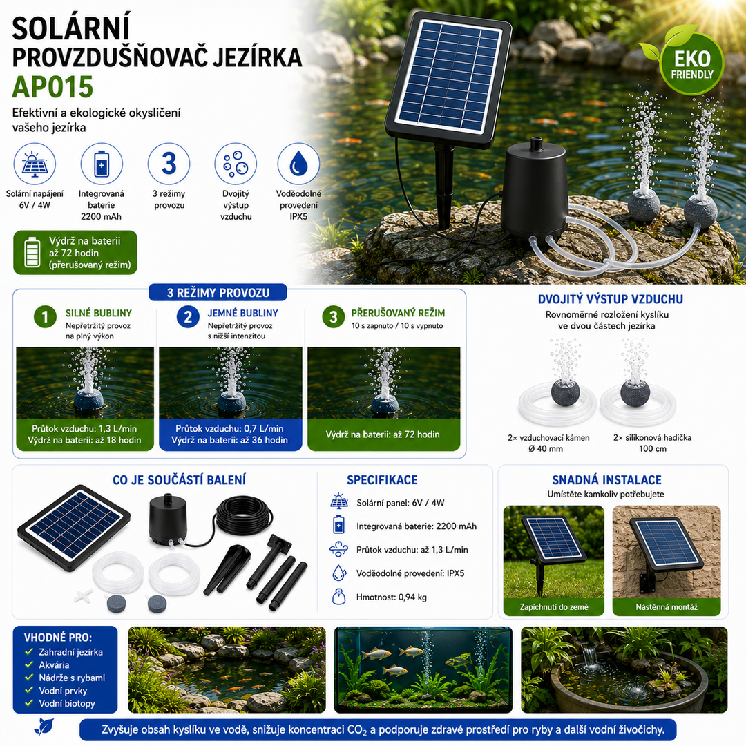 Fapiere Solar Pond Aerator AP015 - 2200 mAh Battery, 3 Operating Modes, 4 W
