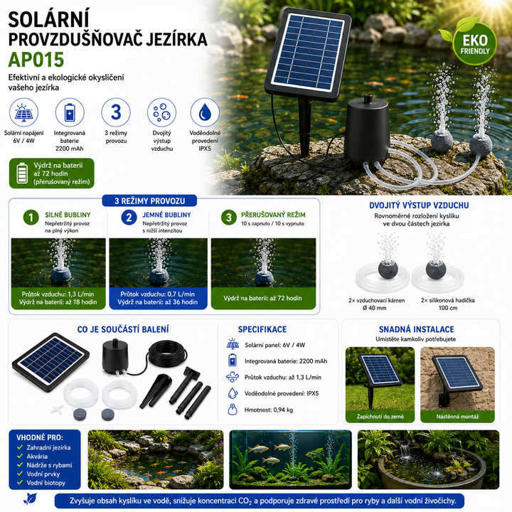 Fapiere Solar Pond Aerator AP015 - 2200 mAh Battery, 3 Operating Modes, 4 W