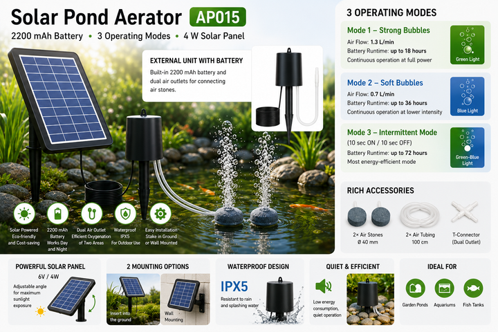 Fapiere Solar Pond Aerator AP015 - 2200 mAh Battery, 3 Operating Modes, 4 W