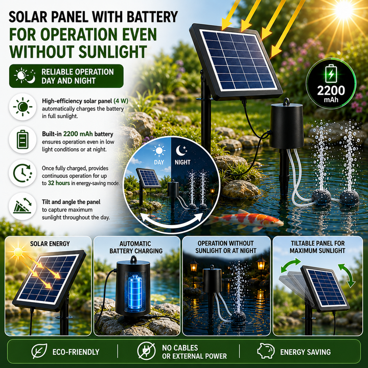 Fapiere Solar Pond Aerator AP015 - 2200 mAh Battery, 3 Operating Modes, 4 W