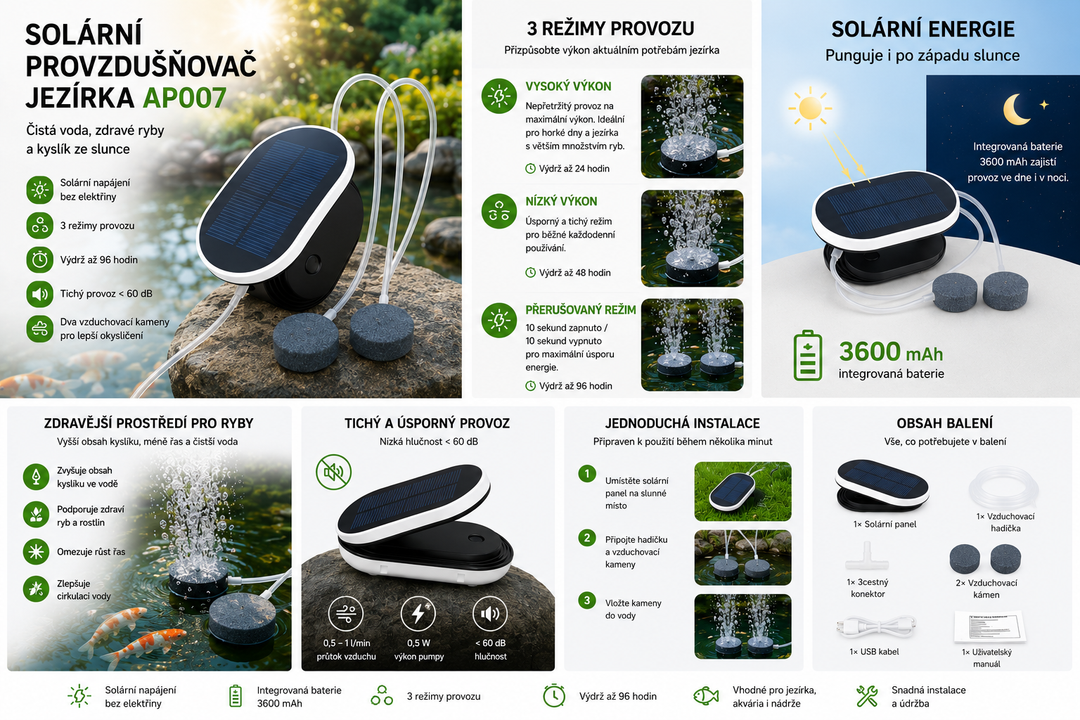 Solární provzdušňovač jezírka AP007 – 3600 mAh baterie, 2 režimy provozu, 1 W panel