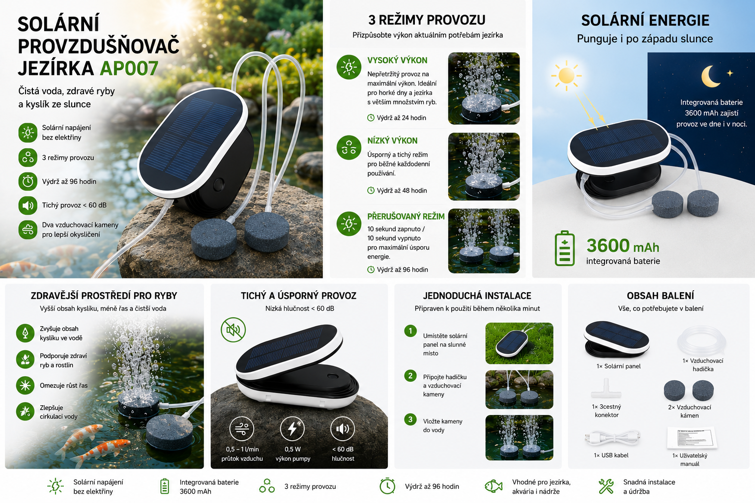 Solární provzdušňovač jezírka AP007 – 3600 mAh baterie, 2 režimy provozu, 1 W panel