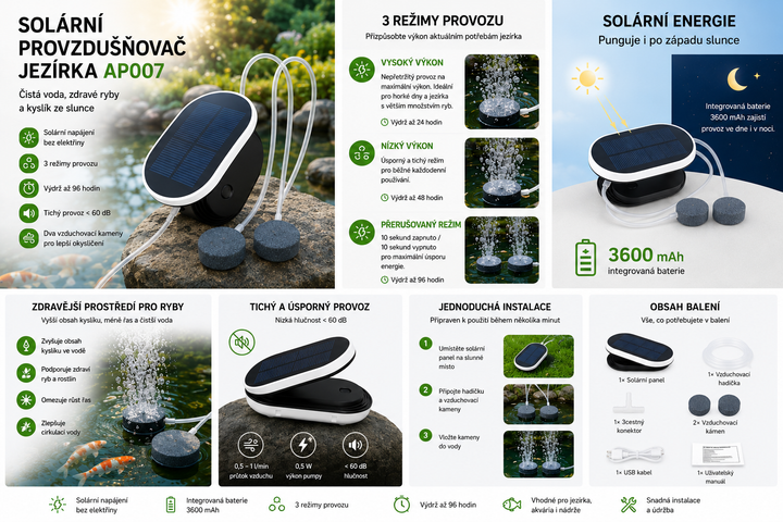 Solární provzdušňovač jezírka AP007 – 3600 mAh baterie, 2 režimy provozu, 1 W panel