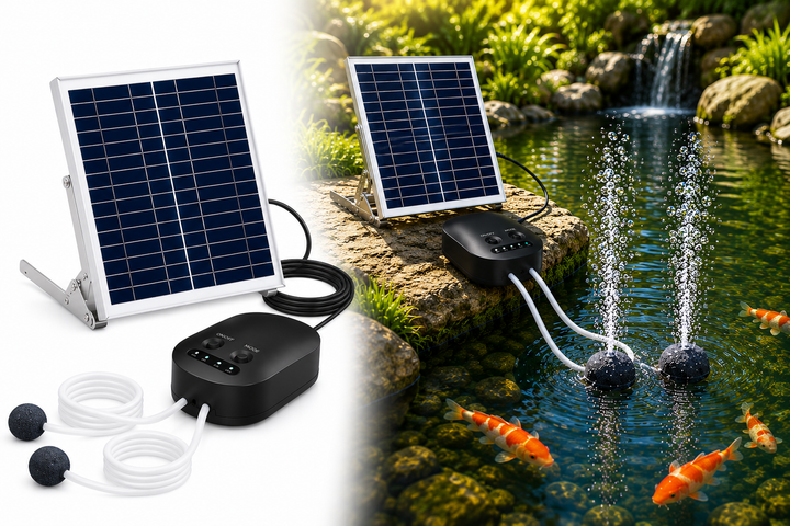 Solární provzdušňovač jezírka AP010 – 4400 mAh baterie, 3 režimy provozu, 15 W panel