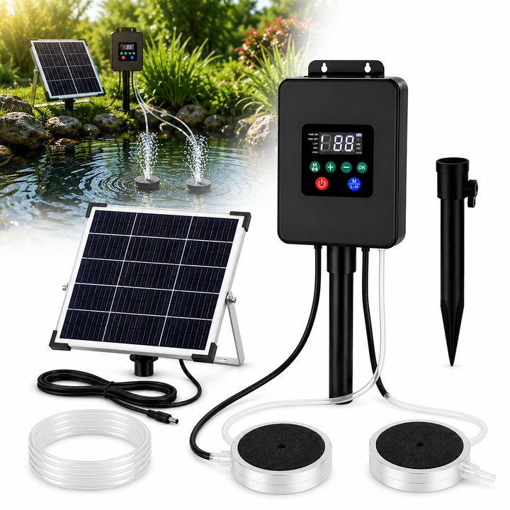 Solární provzdušňovač jezírka AP020 s LCD displejem – 30W panel, 8800mAh baterie, 2 režimy
