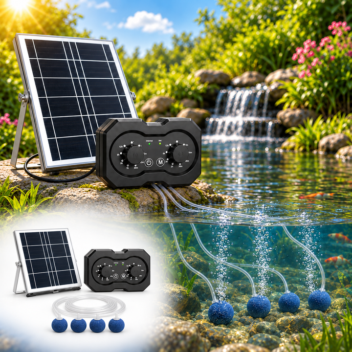 Solární provzdušňovač jezírka AP223 – 2200 mAh baterie, 2 režimy provozu, 72 časových režimů, 6W panel