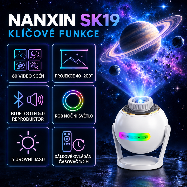 Nanxin Dynamický 3D projektor galaxie SK19 – 60 video scén, Bluetooth reproduktor a dálkové ovládání