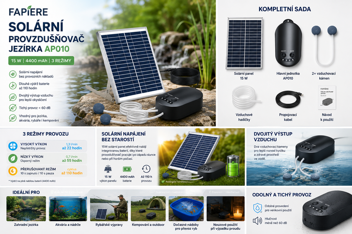 Fapiere Solární provzdušňovač jezírka AP010 – 4400 mAh baterie, 3 režimy provozu, 15 W panel