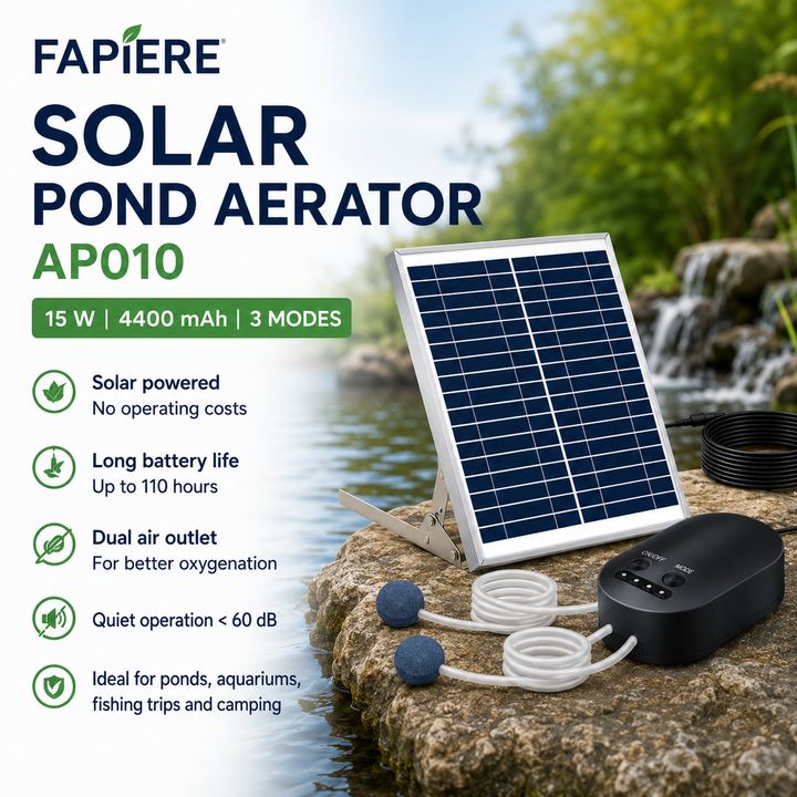 Fapiere Solární provzdušňovač jezírka AP010 – 4400 mAh baterie, 3 režimy provozu, 15 W panel