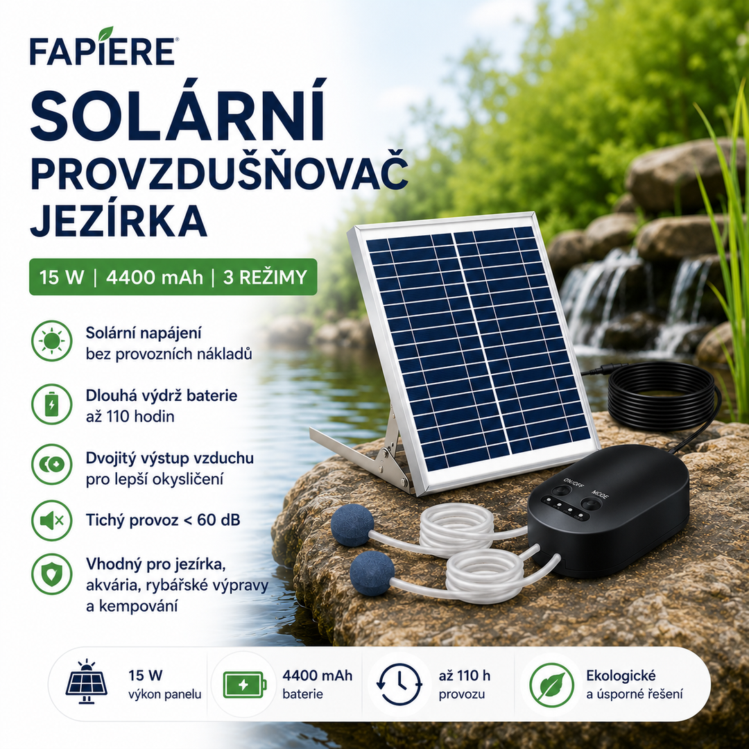 Fapiere Solární provzdušňovač jezírka AP010 – 4400 mAh baterie, 3 režimy provozu, 15 W panel