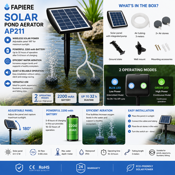 Fapiere Solar Pond Aerator AP211 – 2200 mAh battery, 2 operating modes, 2 W