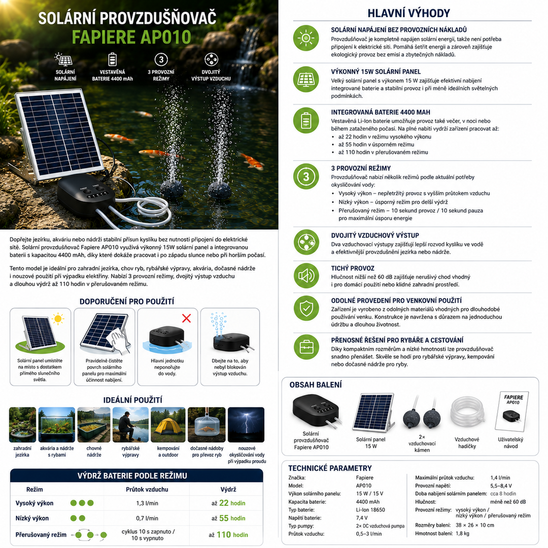 Fapiere Solární provzdušňovač jezírka AP010 – 4400 mAh baterie, 3 režimy provozu, 15 W panel