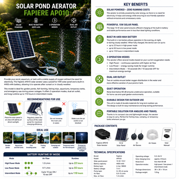 Fapiere Solární provzdušňovač jezírka AP010 – 4400 mAh baterie, 3 režimy provozu, 15 W panel