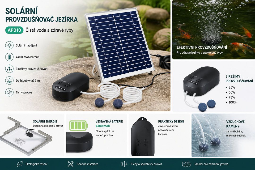 Fapiere Solární provzdušňovač jezírka AP010 – 4400 mAh baterie, 3 režimy provozu, 15 W panel