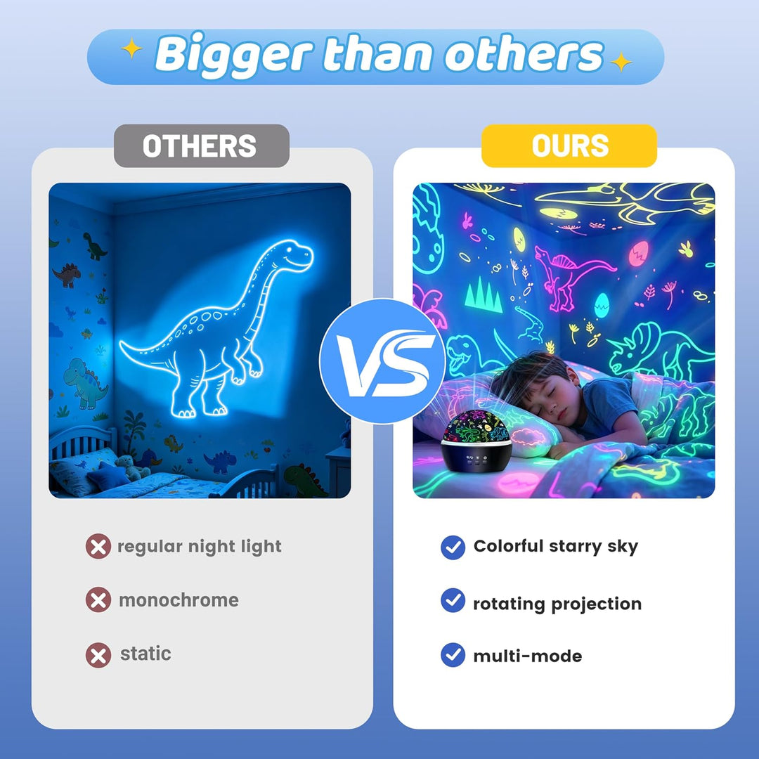 DQMOON Dětský projektor 2 v 1 s dinosaury a dopravními prostředky – noční lampička s otáčením o 360°