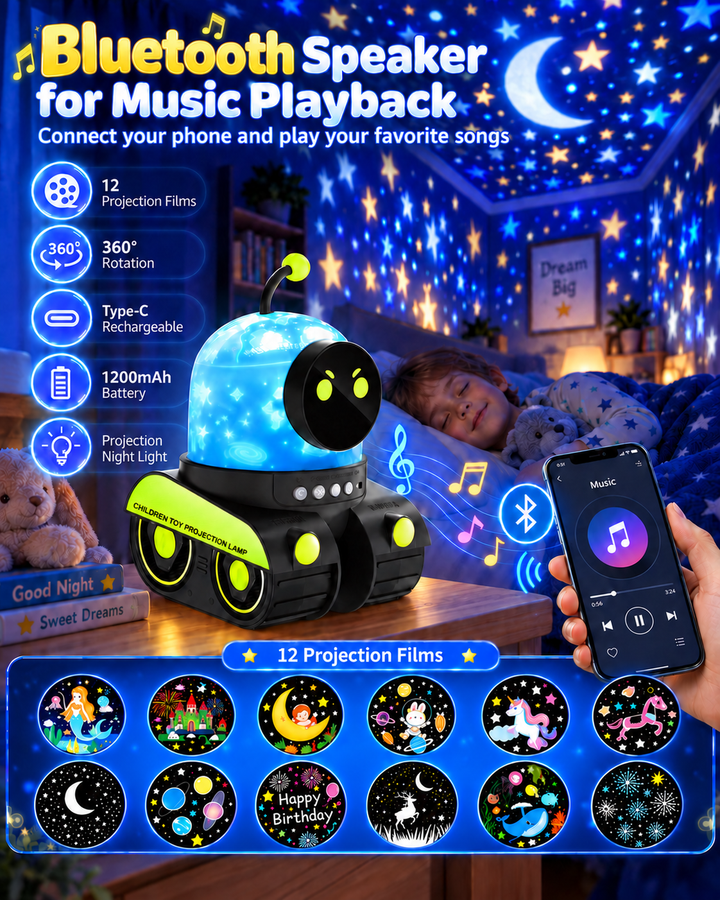 Dětský projektor noční oblohy ve tvaru tanku – 12 motivů, 84 světelných režimů a dobíjecí baterie, Bluetooth reproduktor