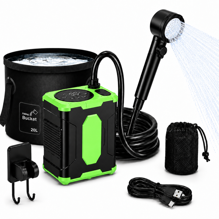 Fapiere Přenosná kempingová sprcha 26A s baterií 10000 mAh a LCD displejem, s kbelíkem, světle zelená
