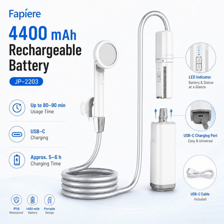 Fapiere Přenosná kempingová sprcha JP-2203 – bezdrátová venkovní sprcha s baterií a USB-C nabíjením