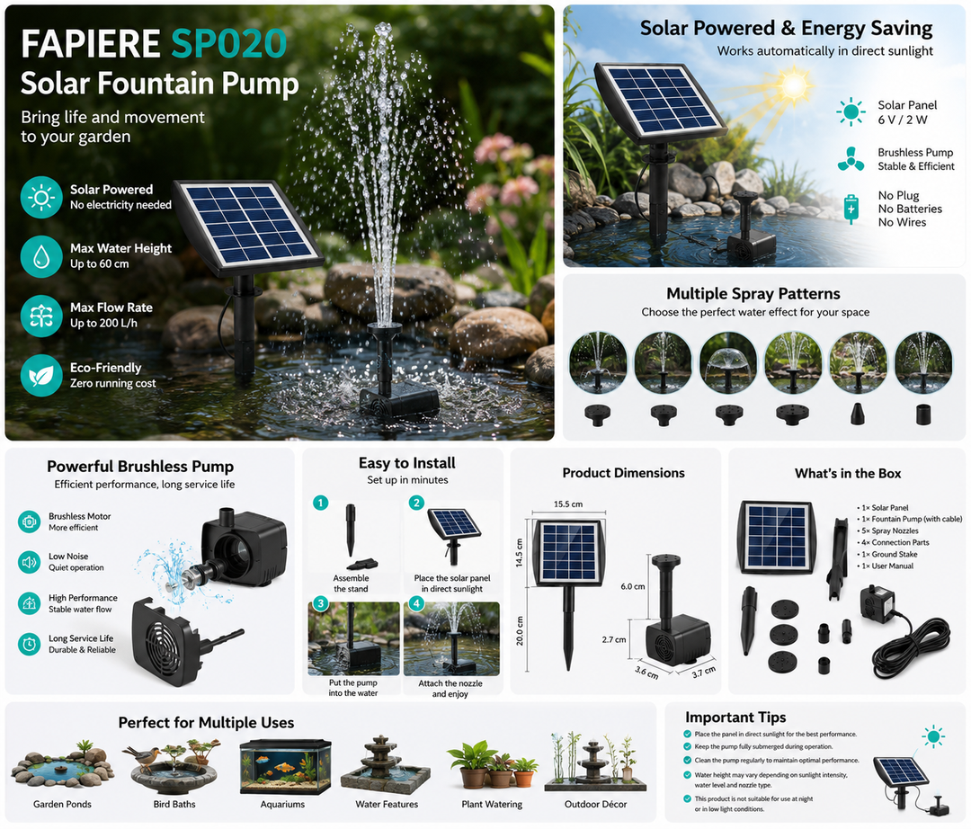Fapiere Solární fontána do jezírka SP020 - 200 l/h, 2W panel, 5 trysek