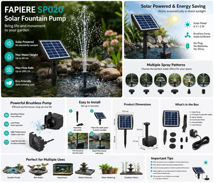 Fapiere Solární fontána do jezírka SP020 - 200 l/h, 2W panel, 5 trysek