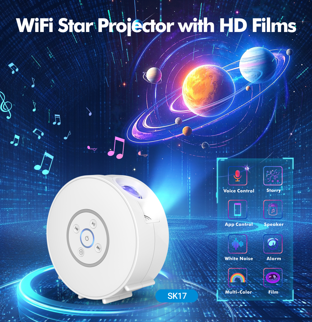 Galaxy and night sky projector - 6 image cassettes, Bluetooth speaker, app control
