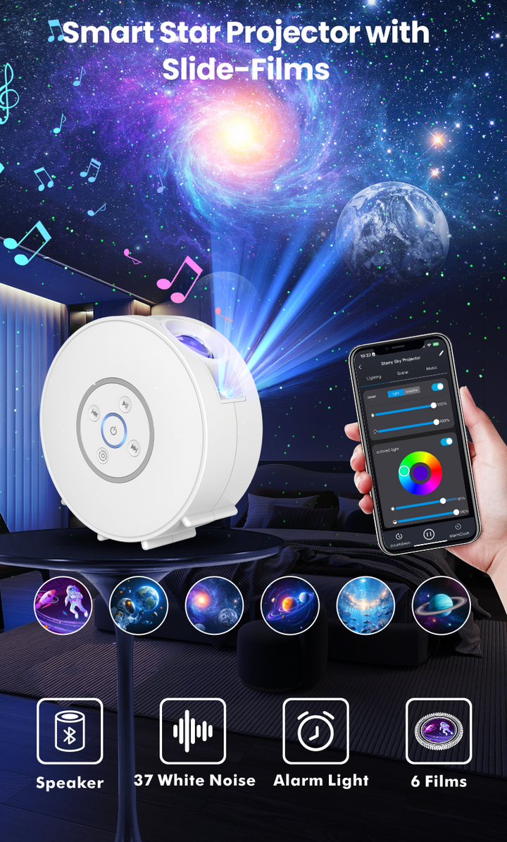 Galaxy and night sky projector - 6 image cassettes, Bluetooth speaker, app control