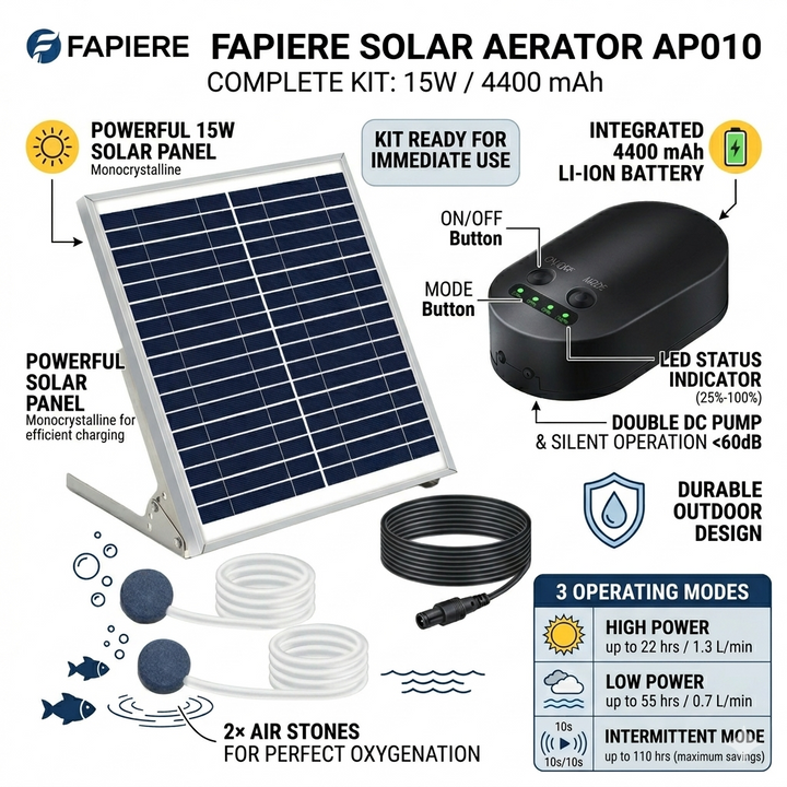 Fapiere Solární provzdušňovač jezírka AP010 – 4400 mAh baterie, 3 režimy provozu, 15 W panel
