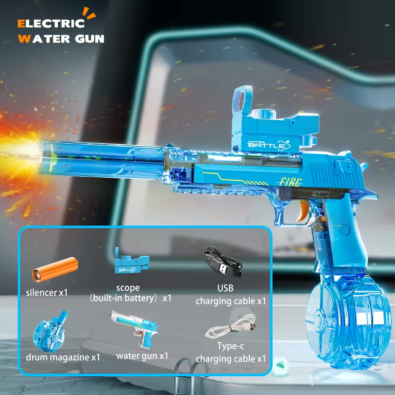 Electric Water Gun DESERT EAGLE – transparent design, light effects, range 8–10 m, 425 ml tank