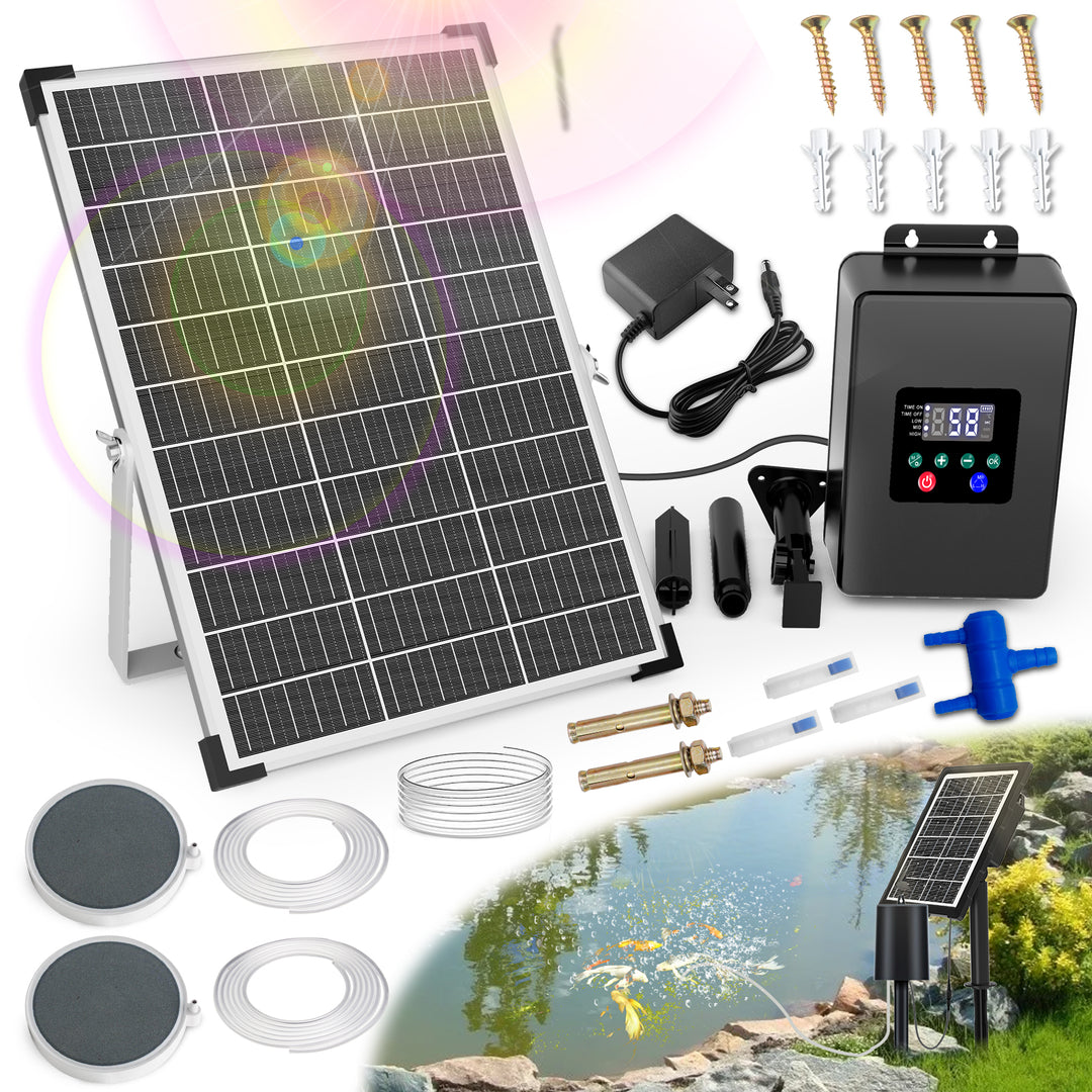 Solární provzdušňovač jezírka AP020 s LCD displejem – 30W panel, 8800mAh baterie, 2 režimy