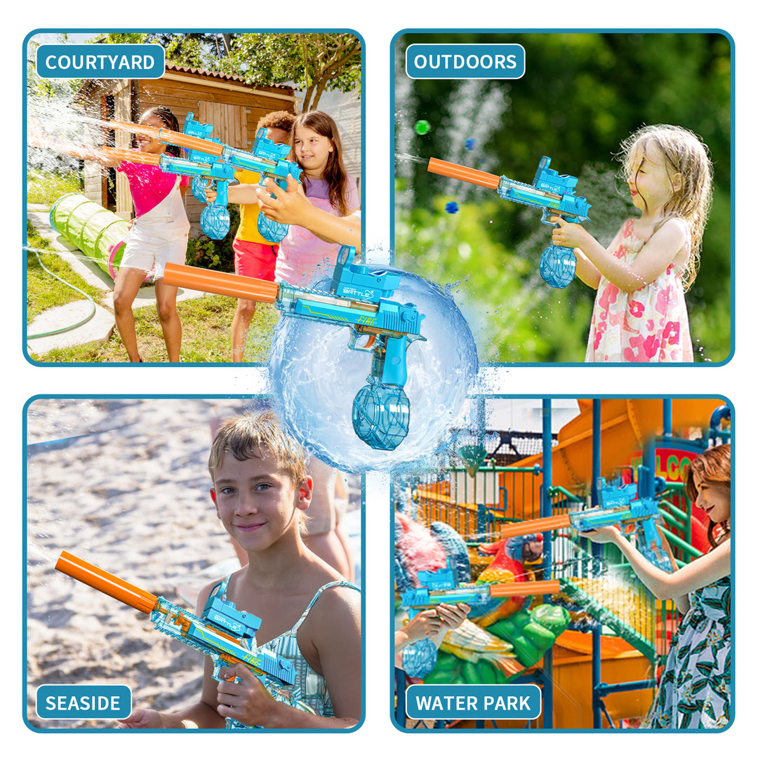 Electric Water Gun DESERT EAGLE – transparent design, light effects, range 8–10 m, 425 ml tank