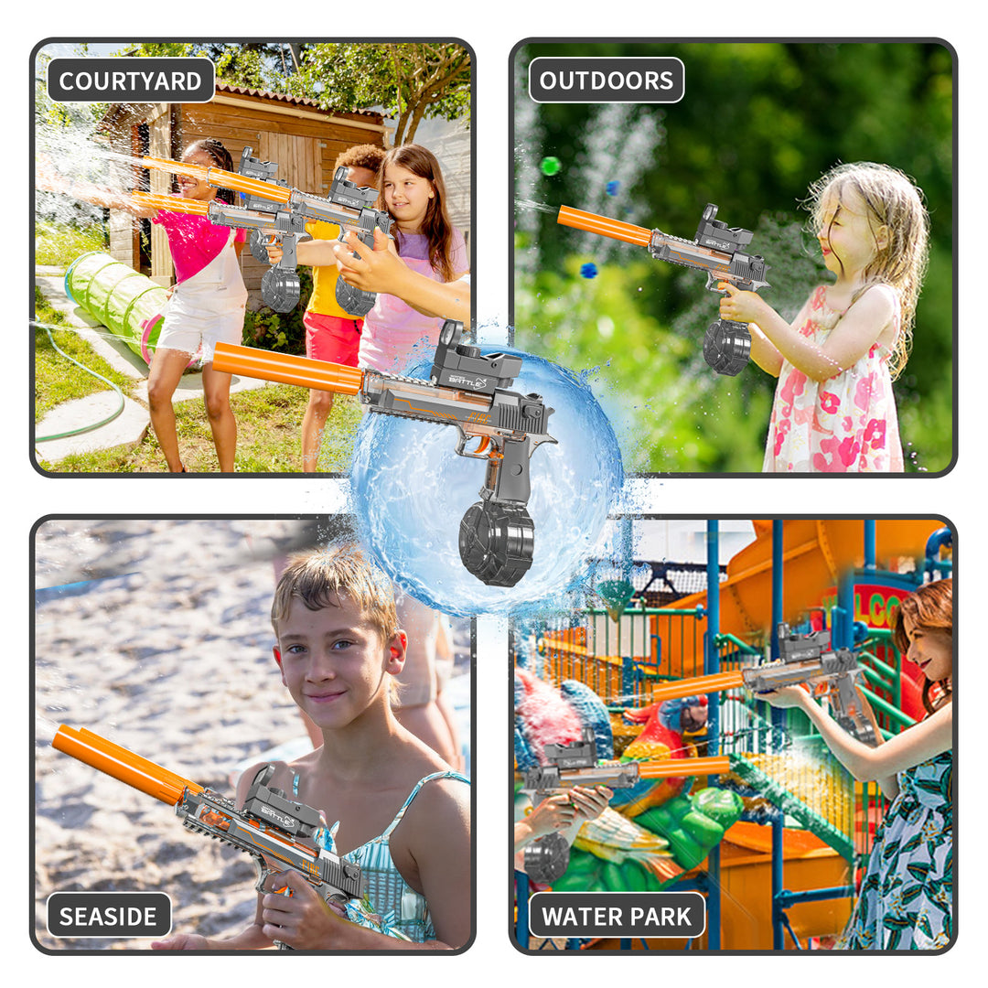 Electric Water Gun DESERT EAGLE – transparent design, light effects, range 8–10 m, 425 ml tank