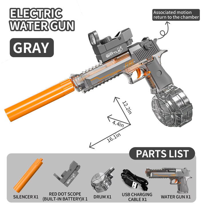 Electric Water Gun DESERT EAGLE – transparent design, light effects, range 8–10 m, 425 ml tank