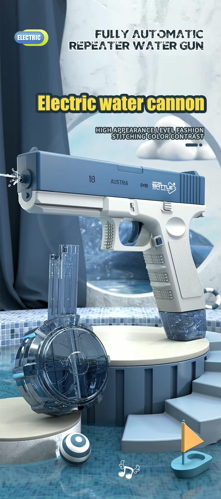 Elektrická vodní pistole pro děti - Glock | Dlouhý dostřel, 2 zásobníky, automatické střílení
