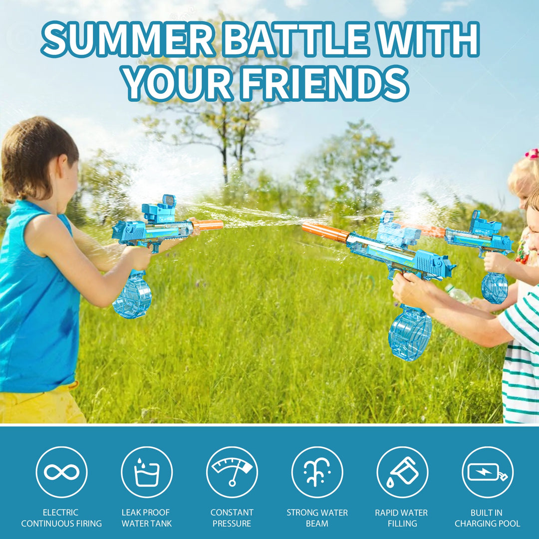 Electric Water Gun DESERT EAGLE – transparent design, light effects, range 8–10 m, 425 ml tank