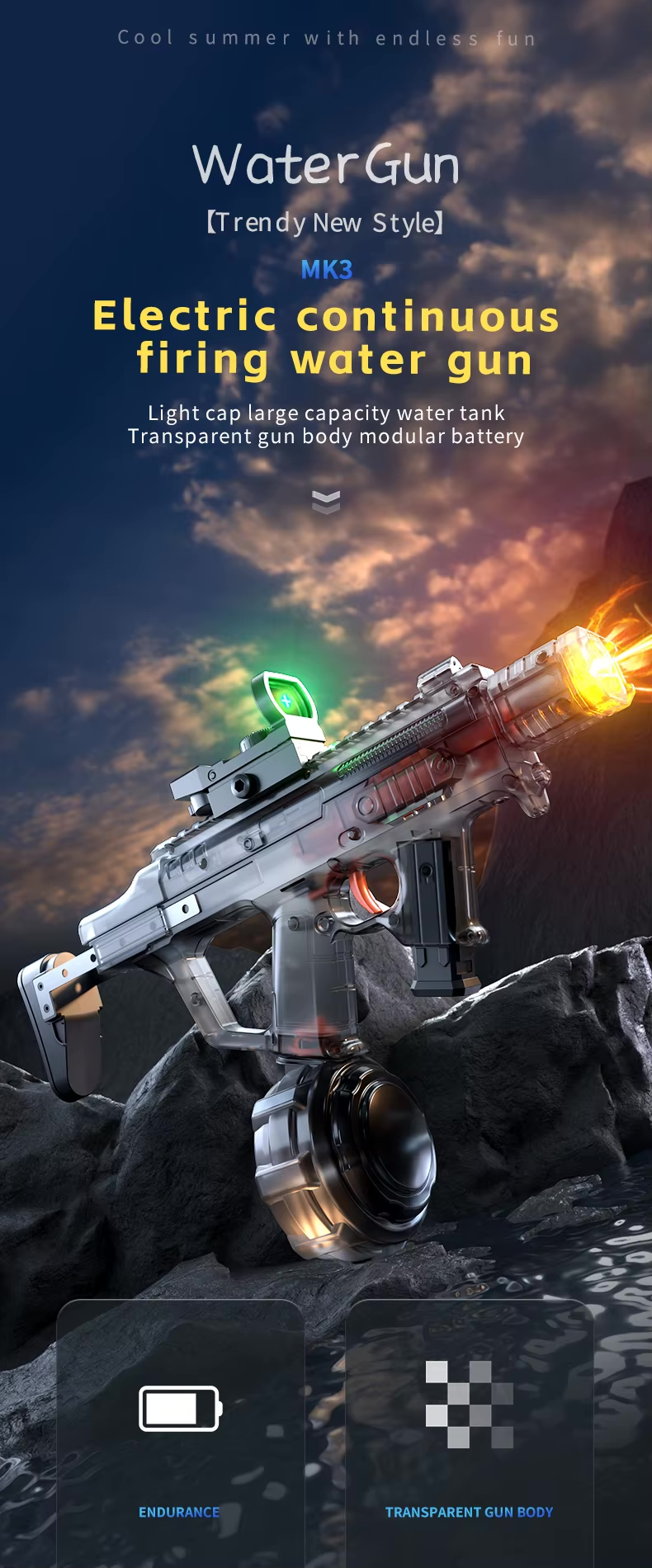 Elektrická vodní pistole MK3 - dostřel 8-10 m, 270 ml zásobník, 800 mAh baterie