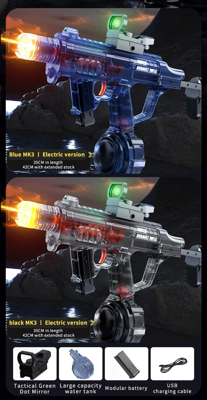 Elektrická vodní pistole MK3 - dostřel 8-10 m, 270 ml zásobník, 800 mAh baterie