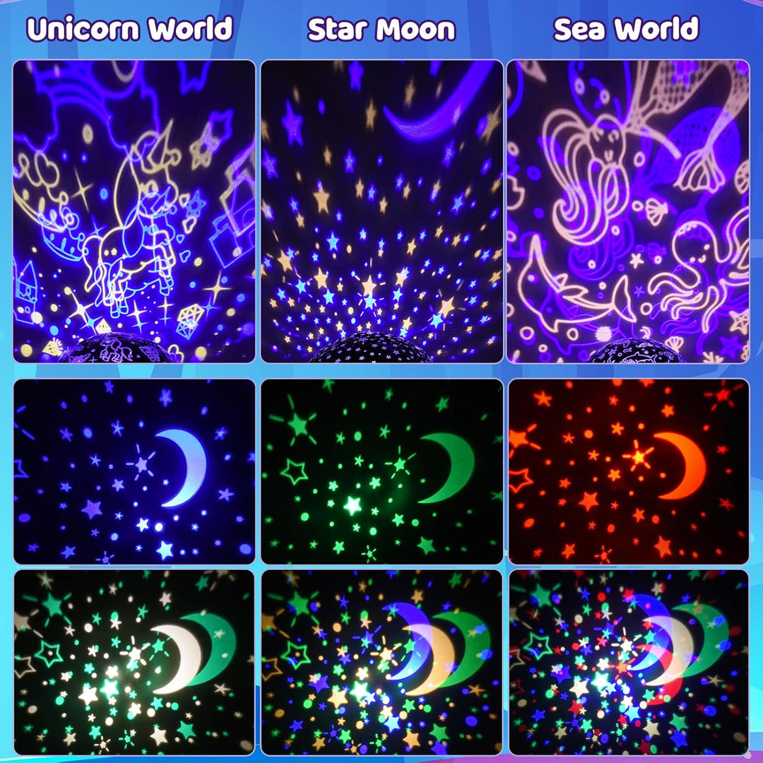 Hapikids Projektor noční oblohy 4v1 – Jednorožec, Moře a Hvězdy, noční světlo s rotací 360° a USB napájením, červená