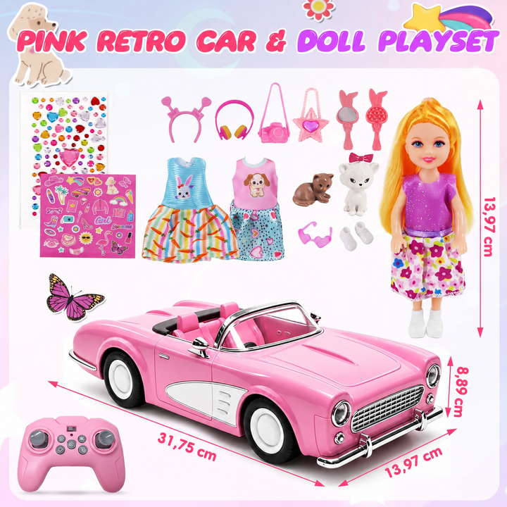 HappyGoLucky RC kabriolet s panenkou WJ121728 – růžové auto, módní doplňky a samolepky