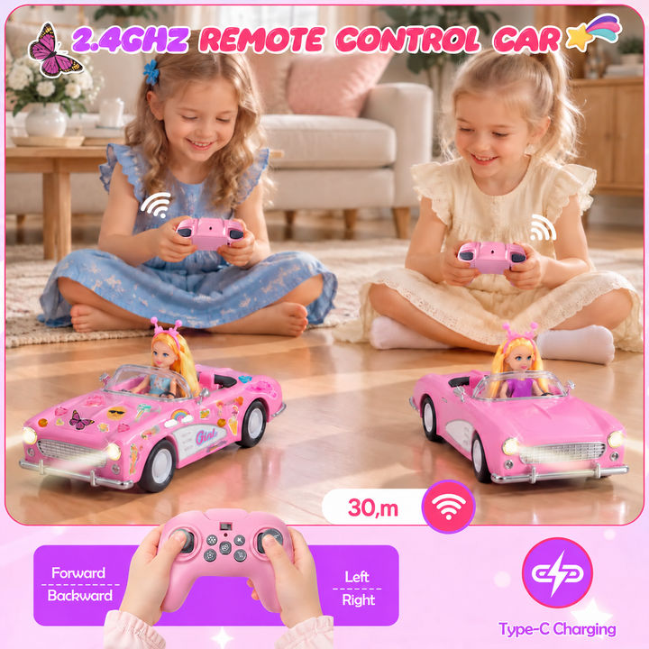 HappyGoLucky RC kabriolet s panenkou WJ121728 – růžové auto, módní doplňky a samolepky