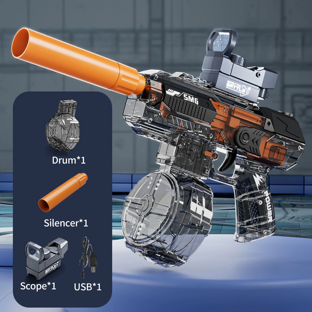 Elektrická vodní pistole SMG – světelné efekty, dostřel 8–10 m, 425 ml zásobník, 1200 mAh baterie